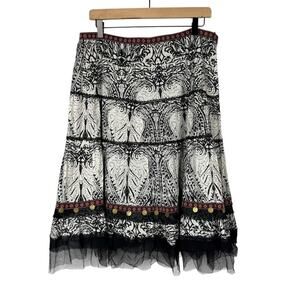 KAS Designs Womens Tiered Ruffled 100% Cotton Long Skirt PXL Black White Boho